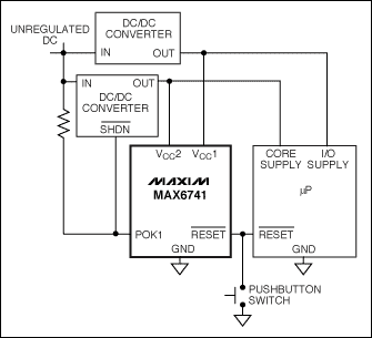 用于低压系统的模拟IC,图9. MAX6741监测两路电压，任何一路电压跌落到门限以下时将产生复位信号。,第10张