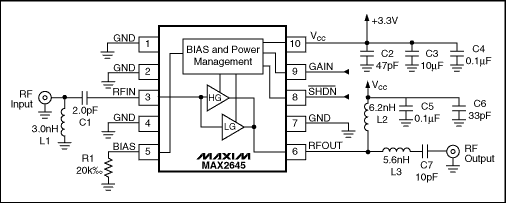 用于MMDS频段(2.65GHz)具有增益步进的LNA,图1. 工作在2.65GHz的MAX2645 SiGe LNA电路原理图,第2张