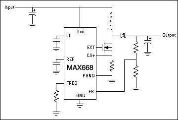 正确的布局和元件选择控制电磁干扰,Figure 3. This step-up switching regulator lacks synchronous rectification, but is otherwise similar to the step-down type, with inputs and outputs swapped.,第4张